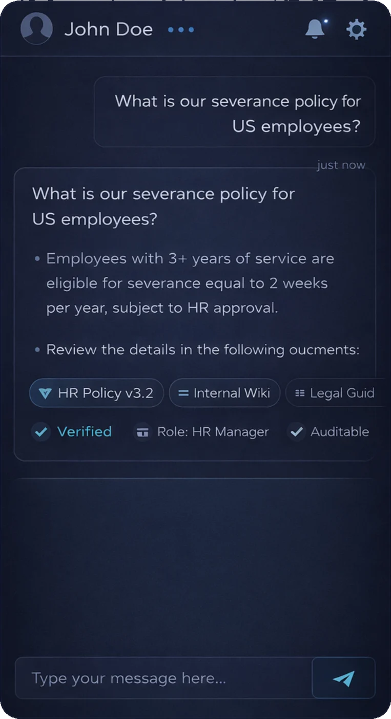 Assistant answering an employee question about severance policy, with verified HR policy sources